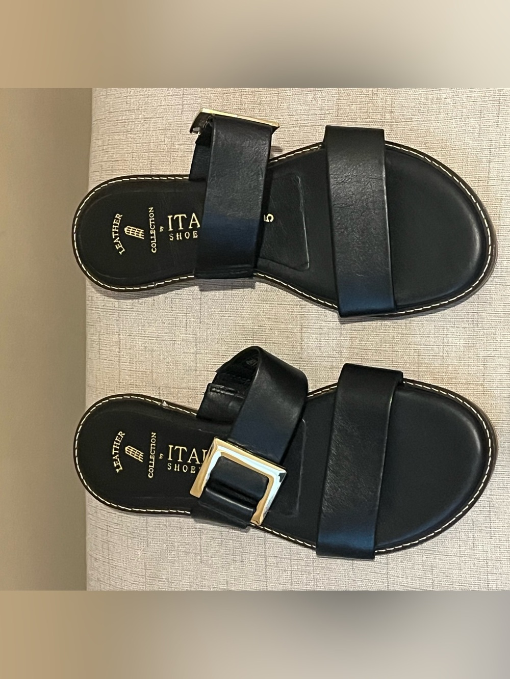 Italian Shoemakers Black Leather Sandals with Gold Buckle - Picture 2 of 4